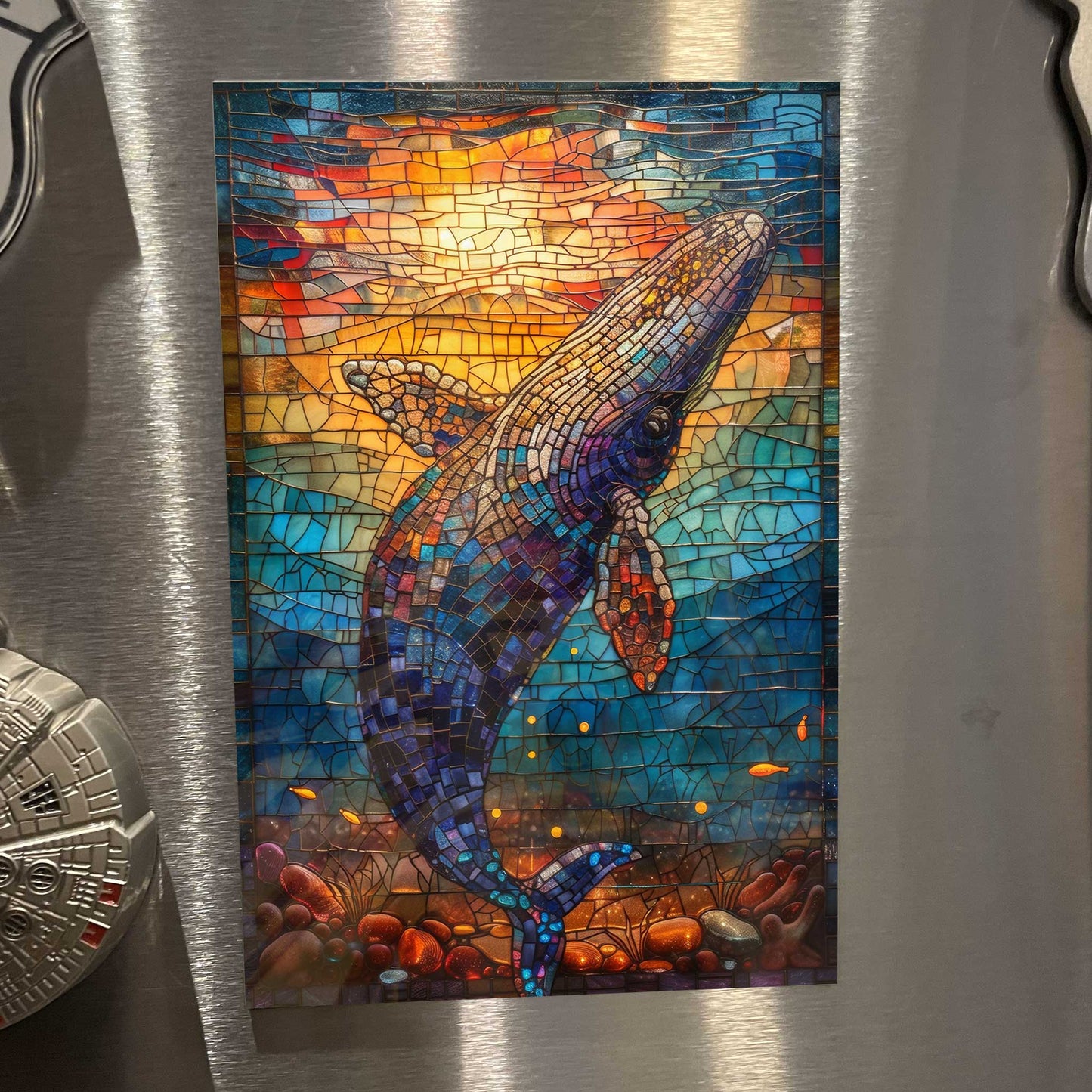 Whale Jumping Stained Glass Metal Print