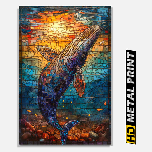Whale Jumping Stained Glass Metal Print