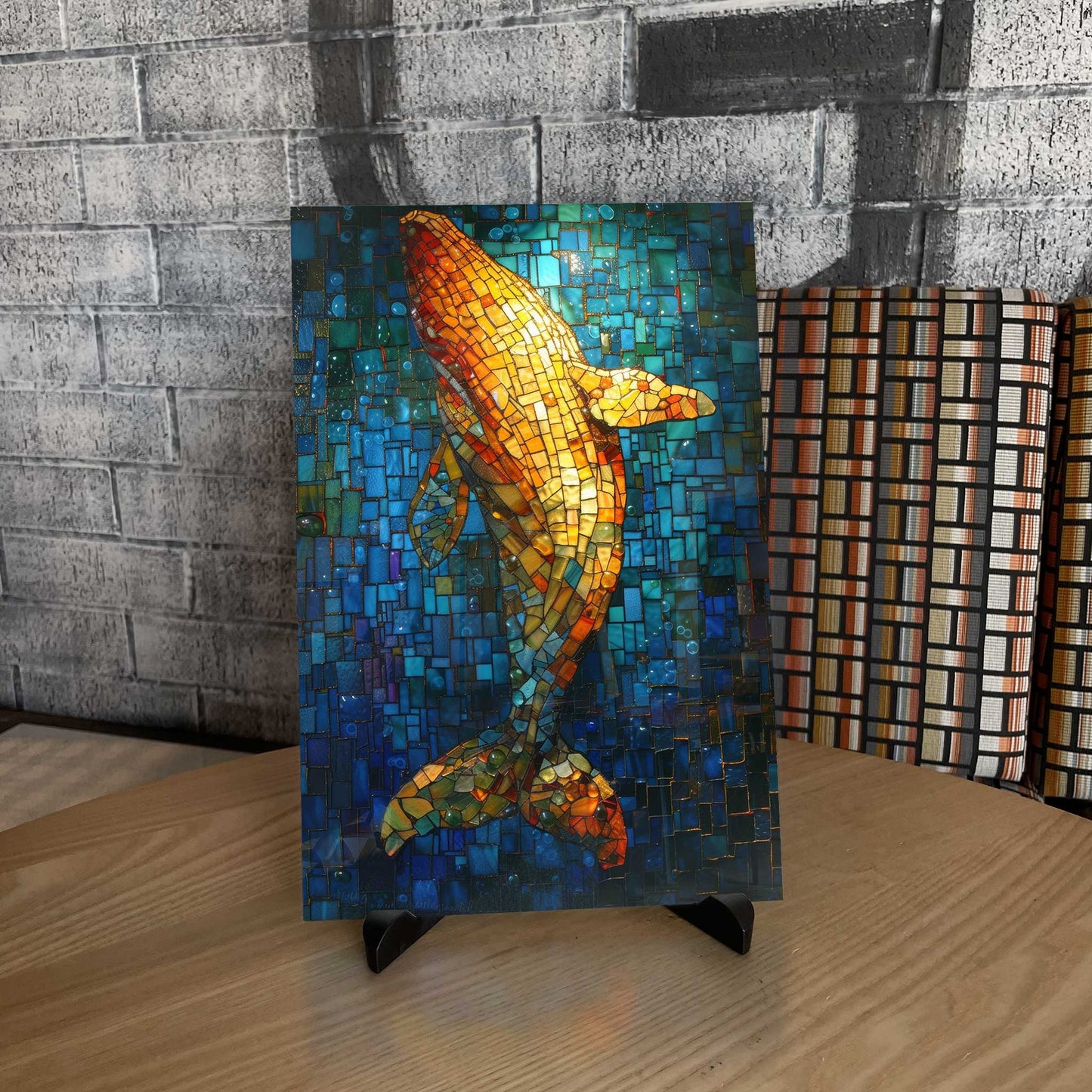 Surfacing Whale Stained Glass Metal Print