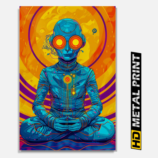 Alien Space Traveler Meditating Trippy Psychedelic Metal Print